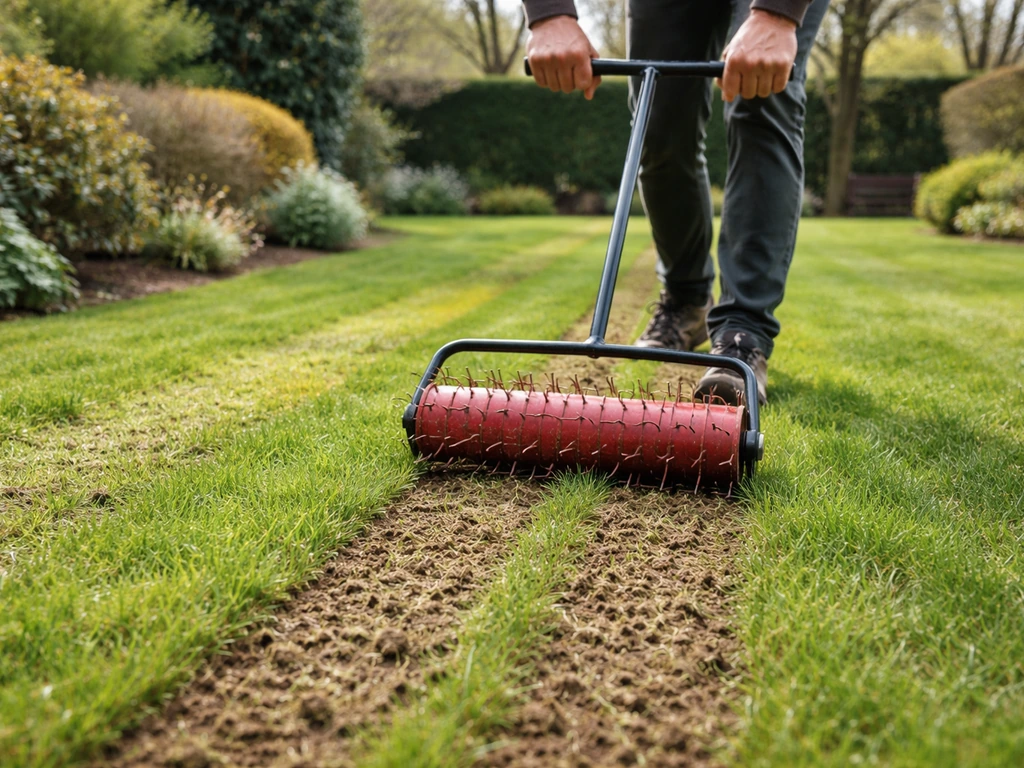 Voorjaarsgazon in een tuin: handen beluchten/doorprikken het gras; net lichtere herstelde plekken zichtbaar.