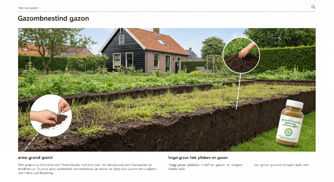 Nederlands achtertuin-gazon met kale plekken en moss, tuinschep met grondmonster en zak 'gecertificeerde compost (BRL)' op de achtergrond