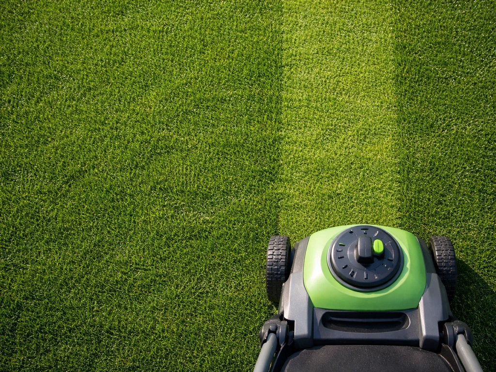 Top-down foto van strak groen gazon met anonieme grasmaaier en zichtbare maaihoogte-instelling.