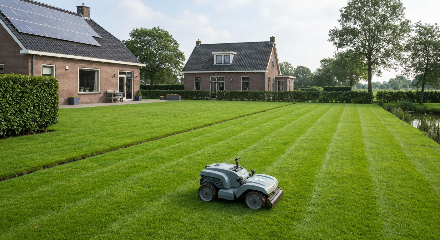 Luchtfoto van groot Nederlands gazon met robotmaaier en laadstation, typisch bakstenen huis op de achtergrond