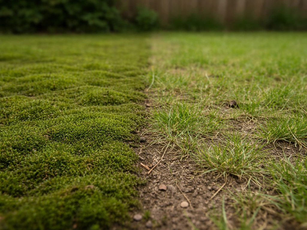 Links dicht mos, rechts dunner gazon met kale plekken—visueel verschil als teken van te zure bodem.