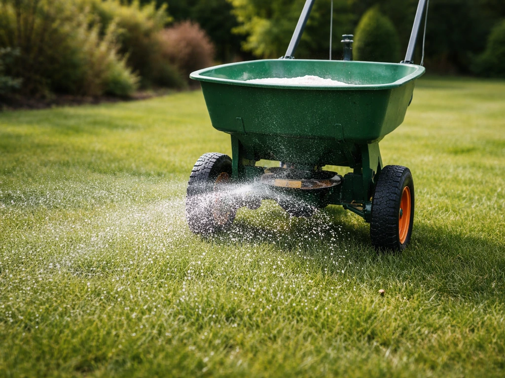 Kalkstrooier op een gazon die net gemalen kalk uitstrooit, met zichtbare bekalking op het gras.
