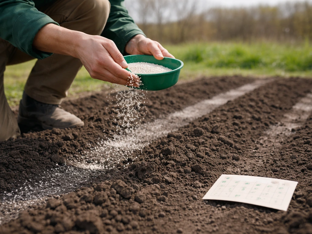 Tuinman met tuinkalender en strooier die kalk uitbrengt op donkere grond in het vroege voorjaar