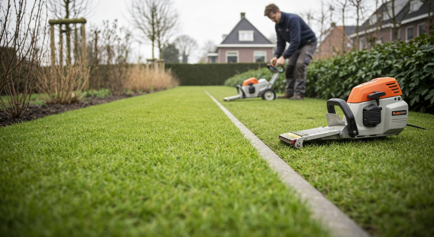 Nette gazonrand in Nederlandse tuin met trimmer en kantensteker; scherpe 45° insnede langs opsluitband