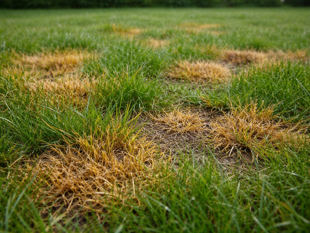 Close-up van gazongras met gele en bruine verbranding en pleksgewijze schade door teveel mest.