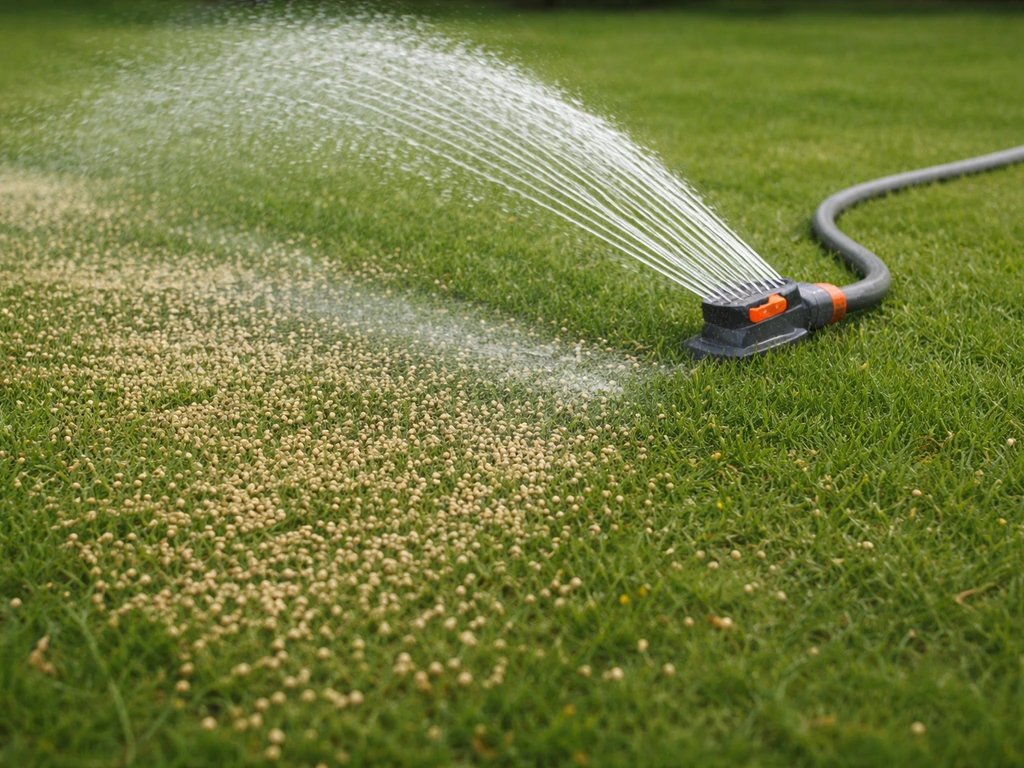 Net bemest gazon met korrelmest en een beregeningsslang die direct water geeft over de strooivakken