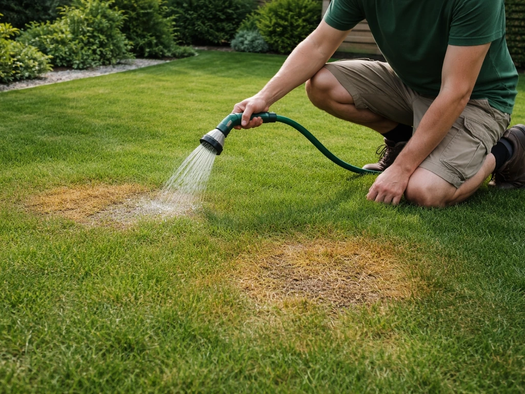 Geel en bruin gazon met zichtbare beschadiging, terwijl een anonieme tuinier gericht water geeft met een tuinslang.