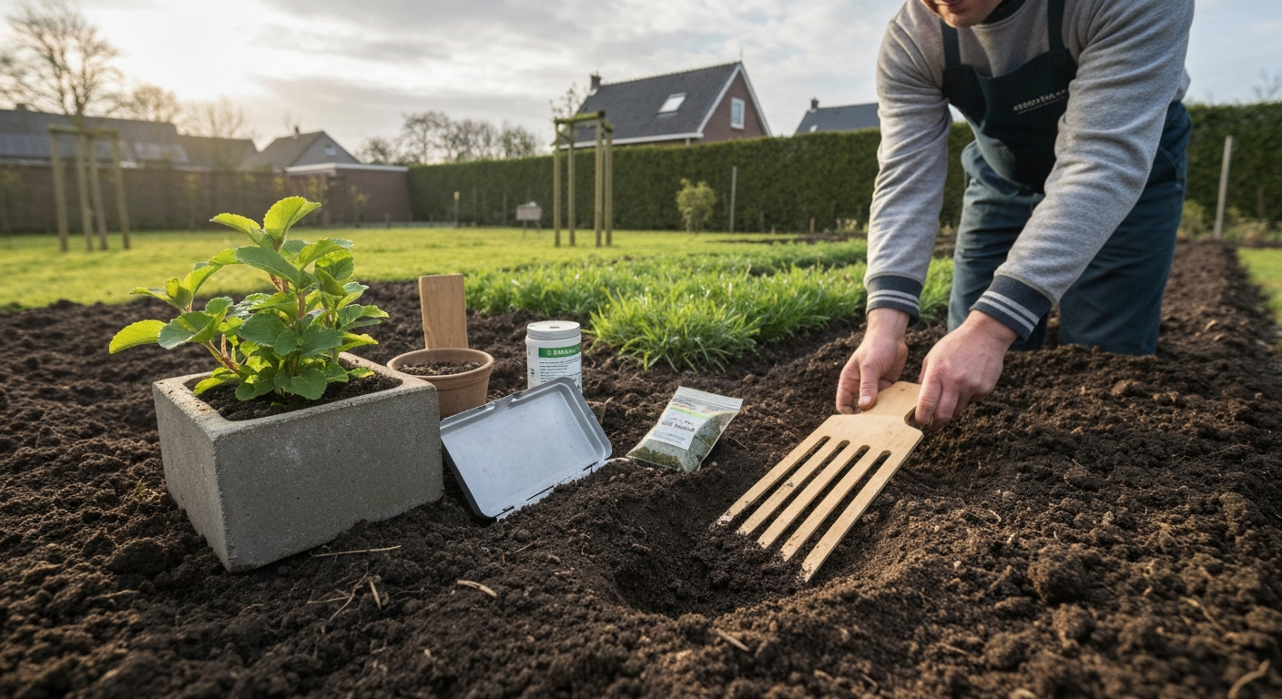 Iemand strooit startermest op een nieuw ingezaaid gazon in een Nederlandse achtertuin.