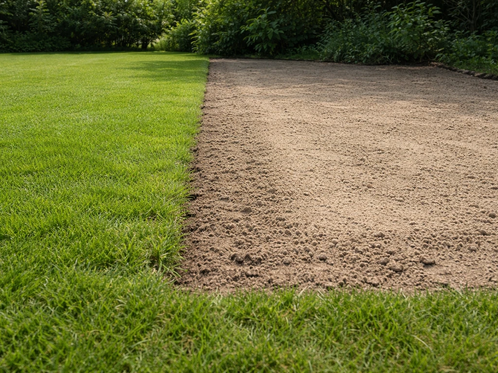 Gedeeltelijk afgewerkte terreautage in een gazon met egale toplaag en opengewerkte stroken grond/zand