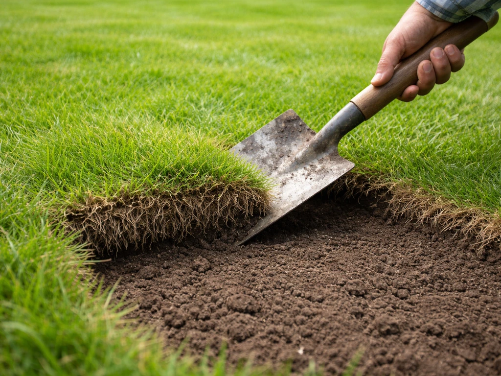 Een spade tilt een stukje grasmat op in een gazon, zodat de viltlaag tussen gras en grond zichtbaar is.