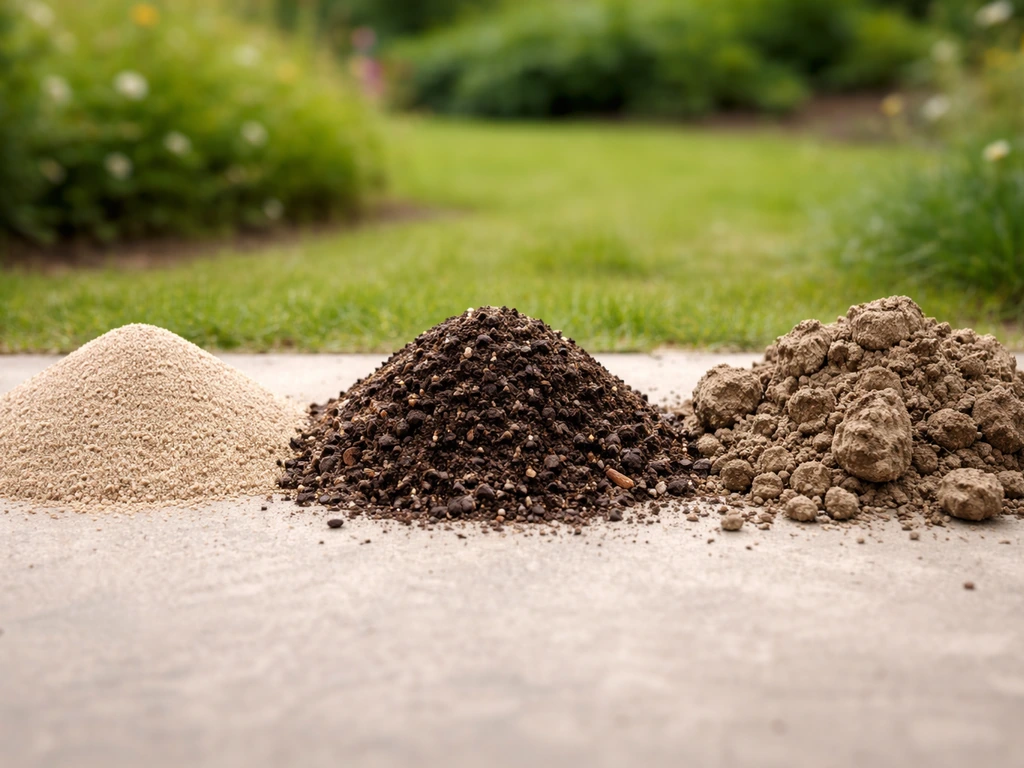 Drie hoopjes tuinmateriaal—fijn zand, teelaarde/compost en grove aarde—met zichtbare korrelverschillen.