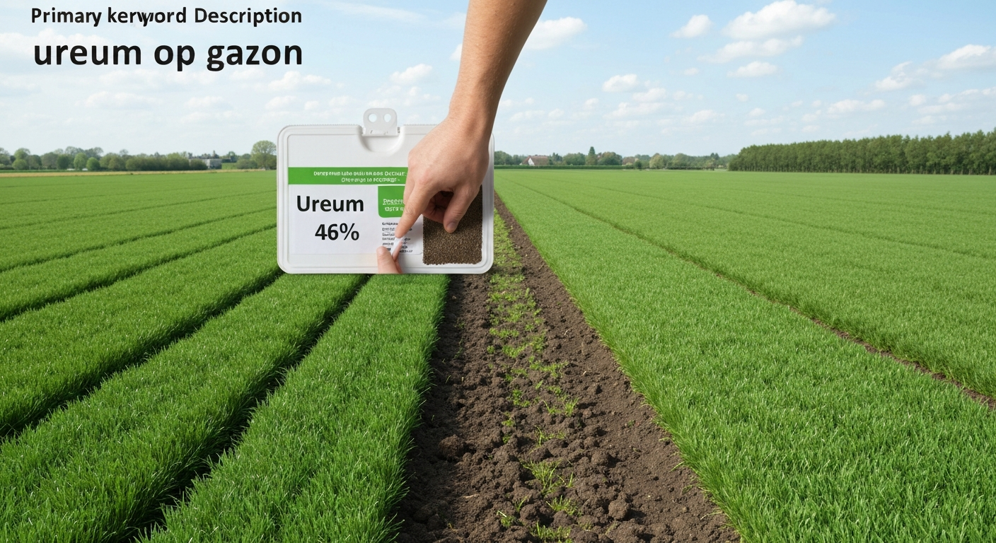 Gazon met duidelijk contrast: gezond diepgroen gras naast geel/verbrand gras; op de achtergrond een open zak ureum en een strooier (geen merken).
