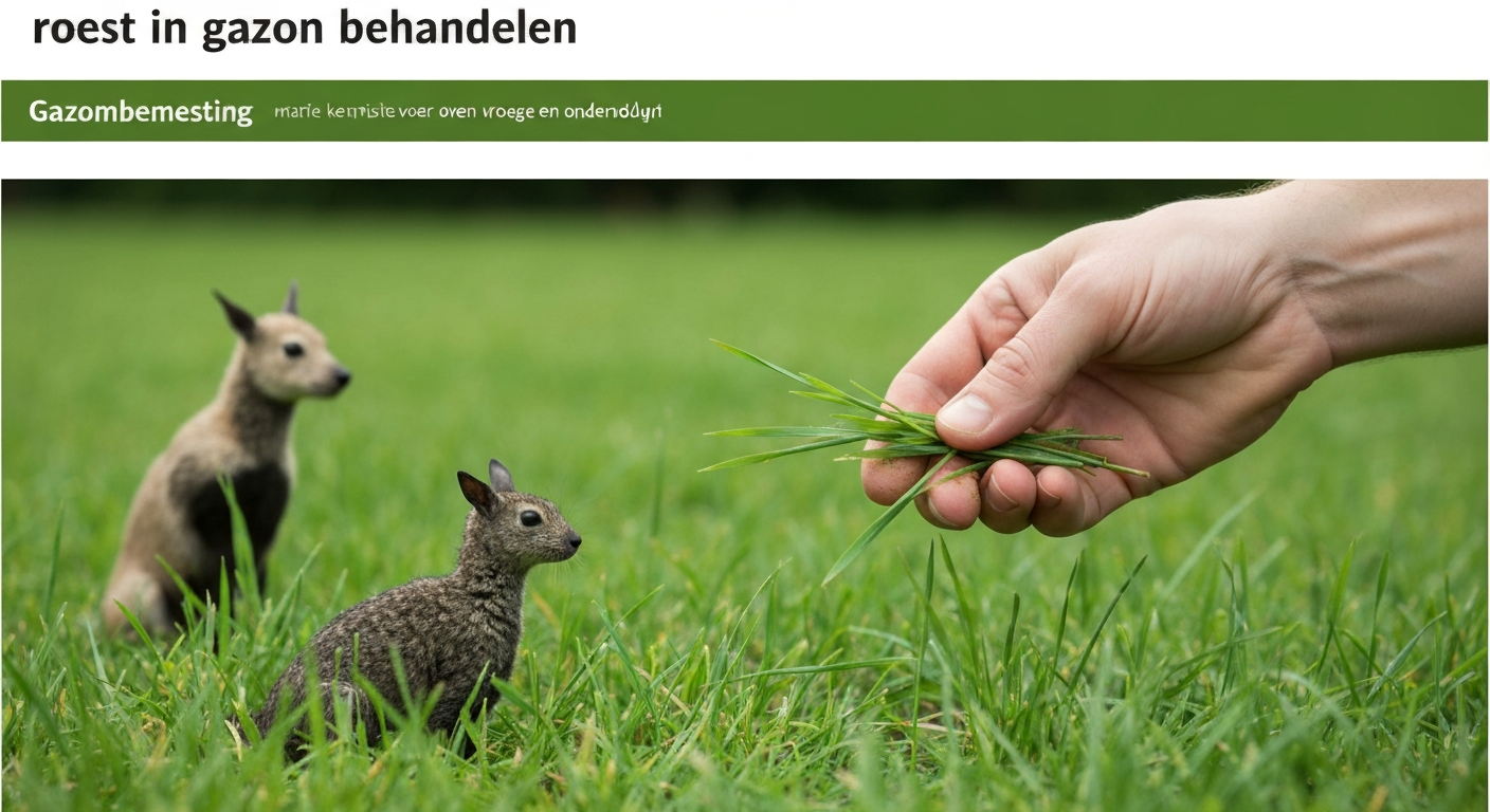 Close-up van grasspriet met oranje-roestpustules; vingers met oranje vlekken, Nederlandse achtertuin op de achtergrond.