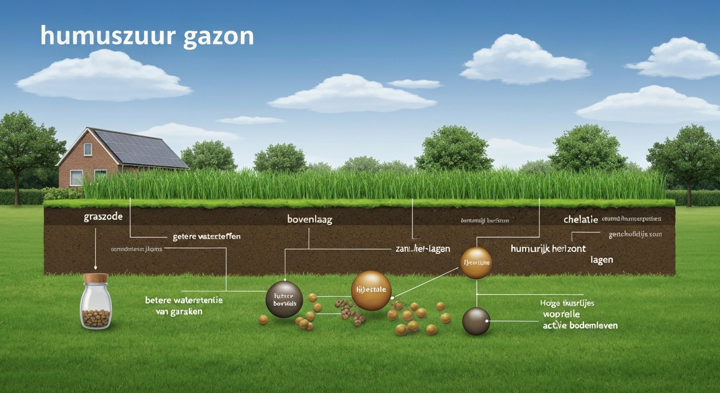 Doorsnede van een Nederlands gazon met humuszuurdeeltjes rond wortels, pijlen die verbeterde waterretentie en wortelgroei aangeven.