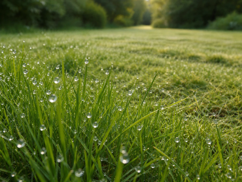 Nauwkeurig gemaaid gazon met zichtbare dauwdruppels op nat gras in de vroege ochtend.