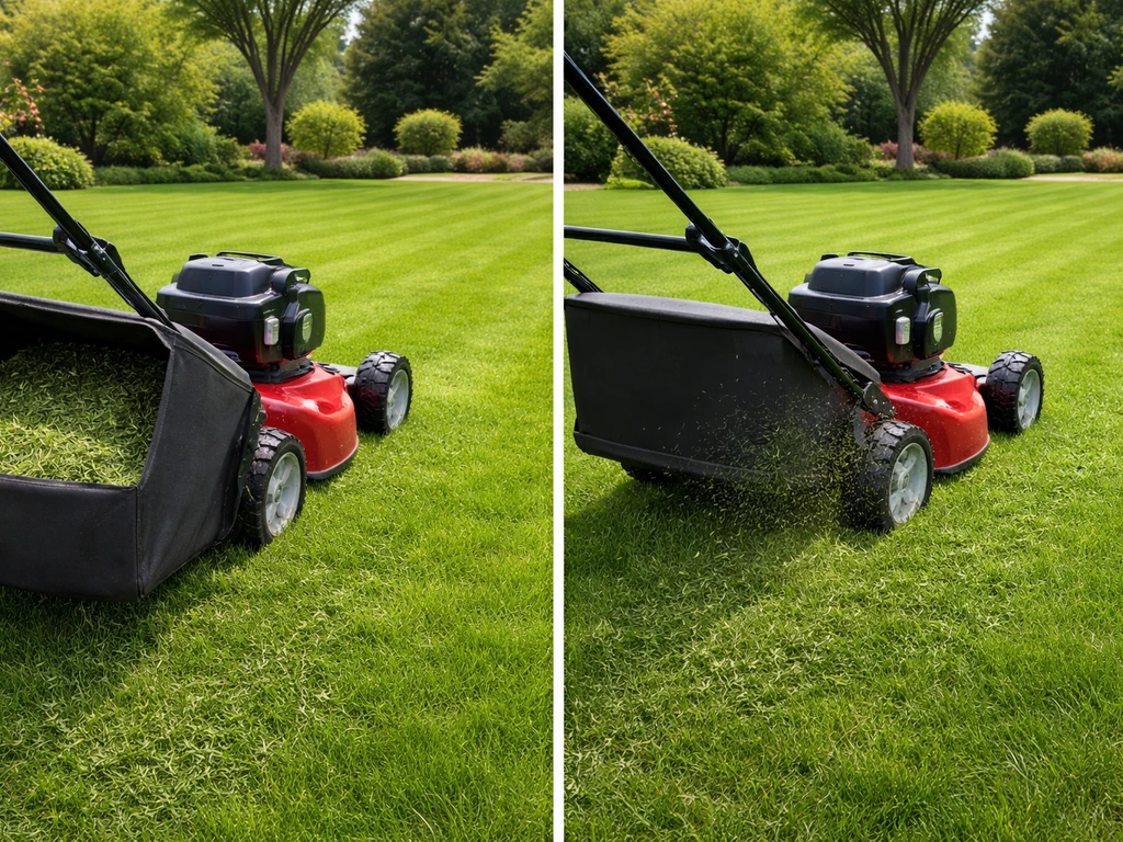 Splitbeeld: maaier met grasbak vangt maaisel op, en maaien zonder grasbak mulcht het maaisel op het gazon.