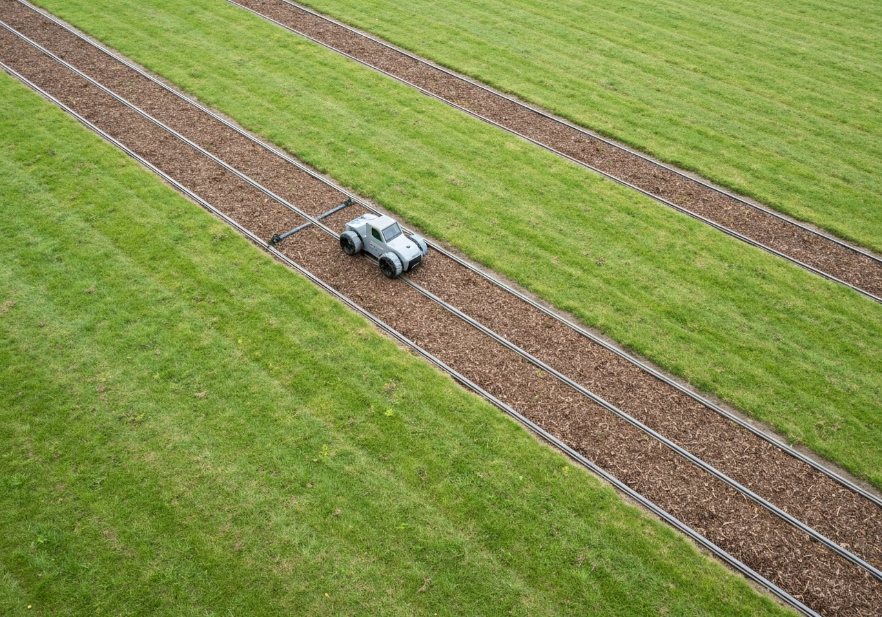 Bovenaanzicht van een robotmaaier op een Nederlands gazon met dicht en egaal gemaaide banen.