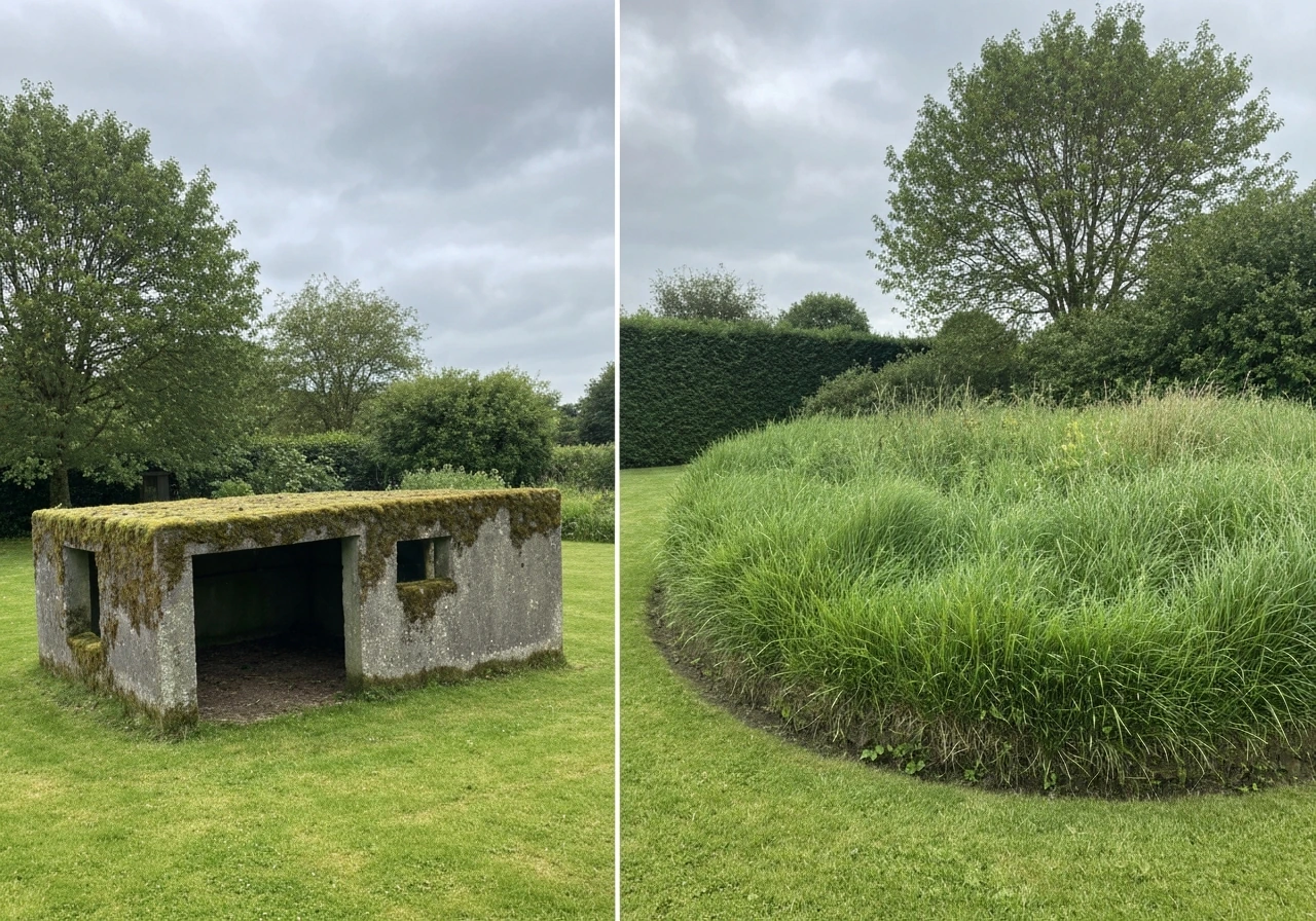 Links mos en kale plekken, rechts dicht en groen gazon met egaal maaibeeld in natuurlijk daglicht.