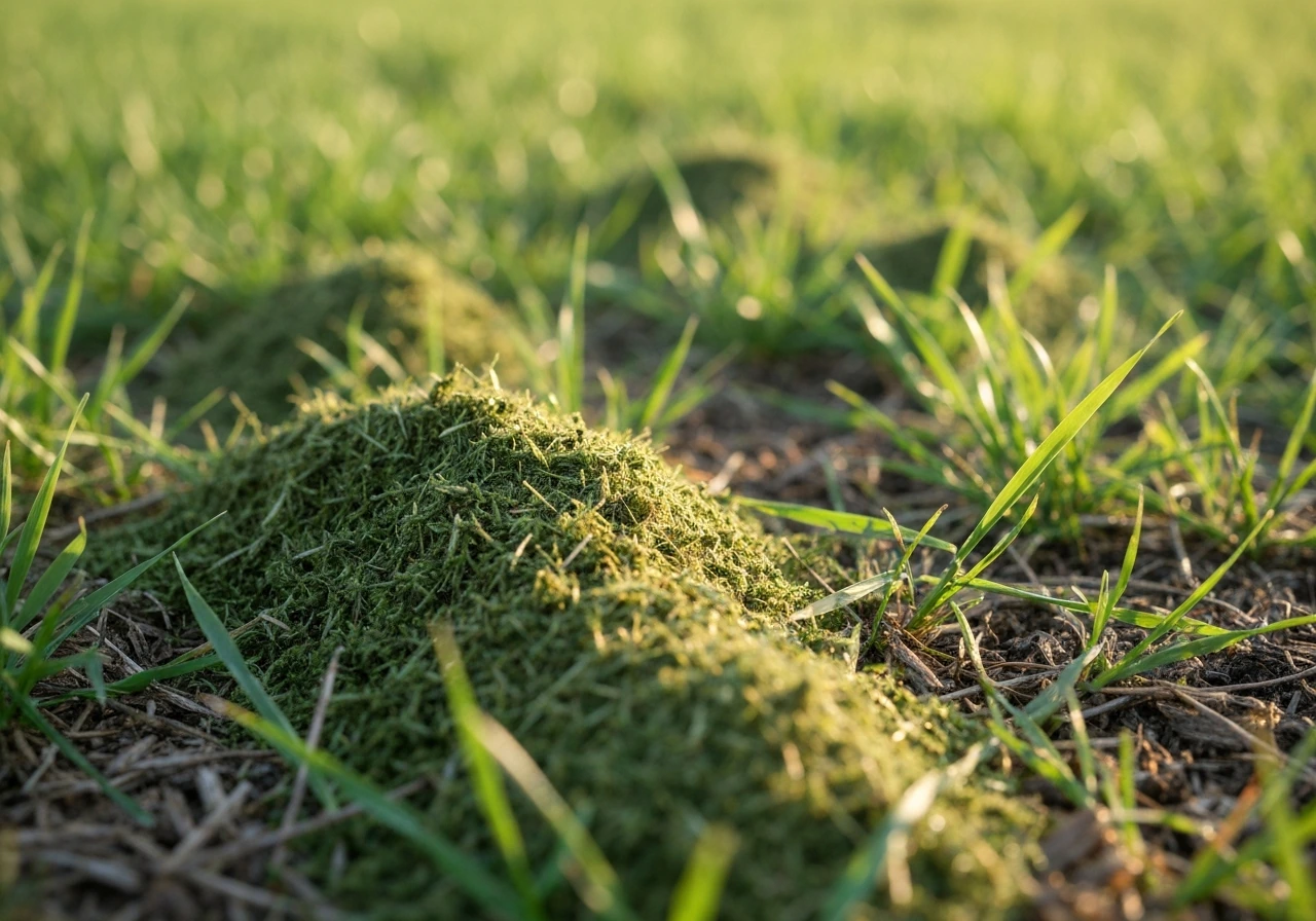 Close-up van mulching: fijne grasresten tussen grassprieten op een Nederlands gazon, bijna onzichtbare snippers.