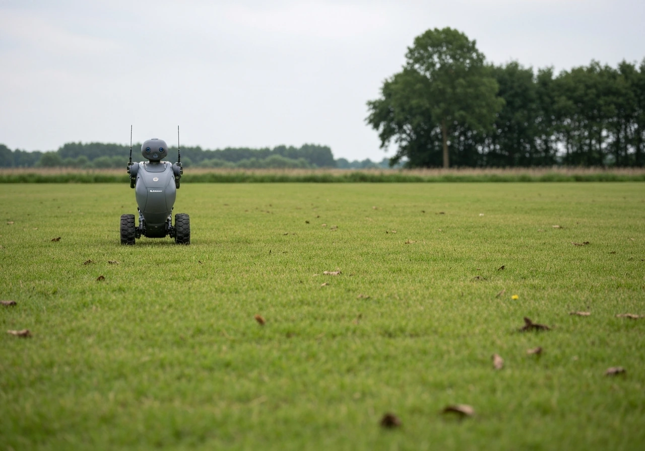 Robotmaaier met nauwelijks sporen op gras, naast duidelijk ingedrukt gazon door een zware maaier/handmaaier.