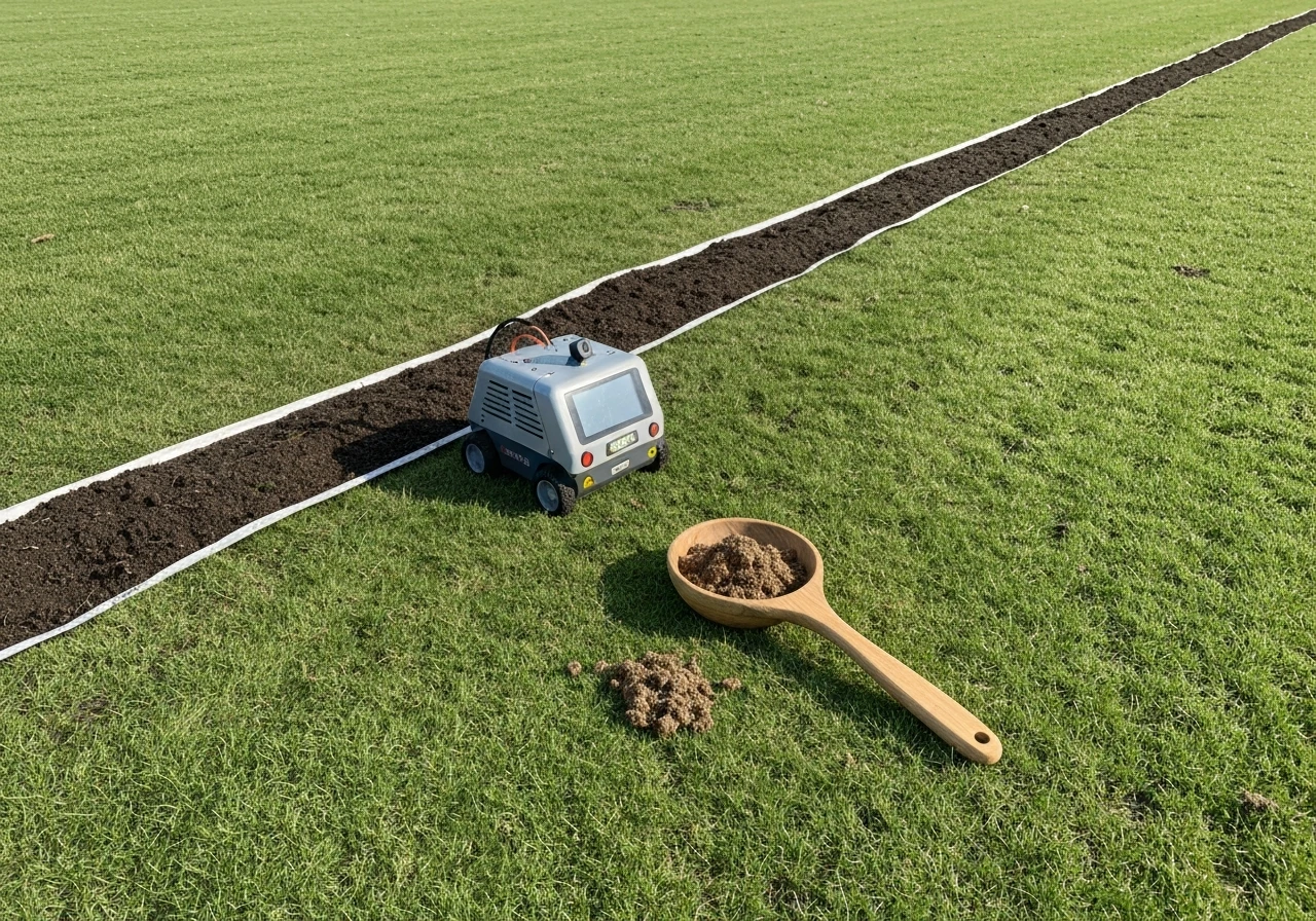Werkende robotmaaier naast gazonmest en handstrooier op een gazon langs een rand.