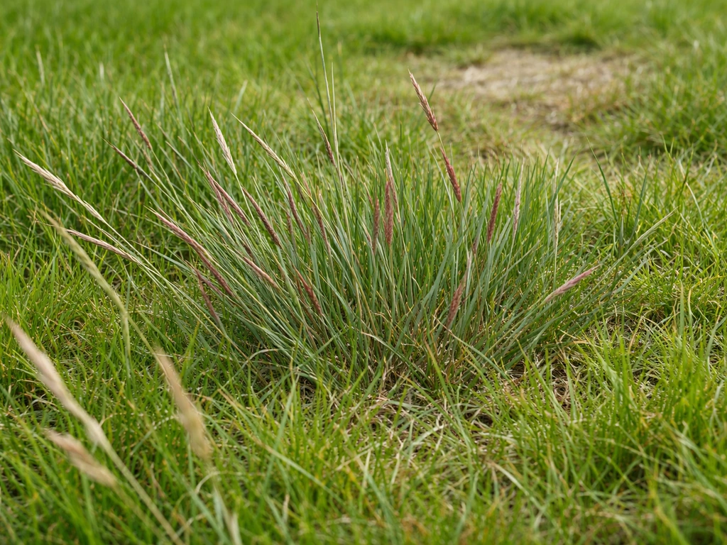 Close-up van roodzwenkgras in een gazon met priemvormige grijsgroene en roodachtige sprieten