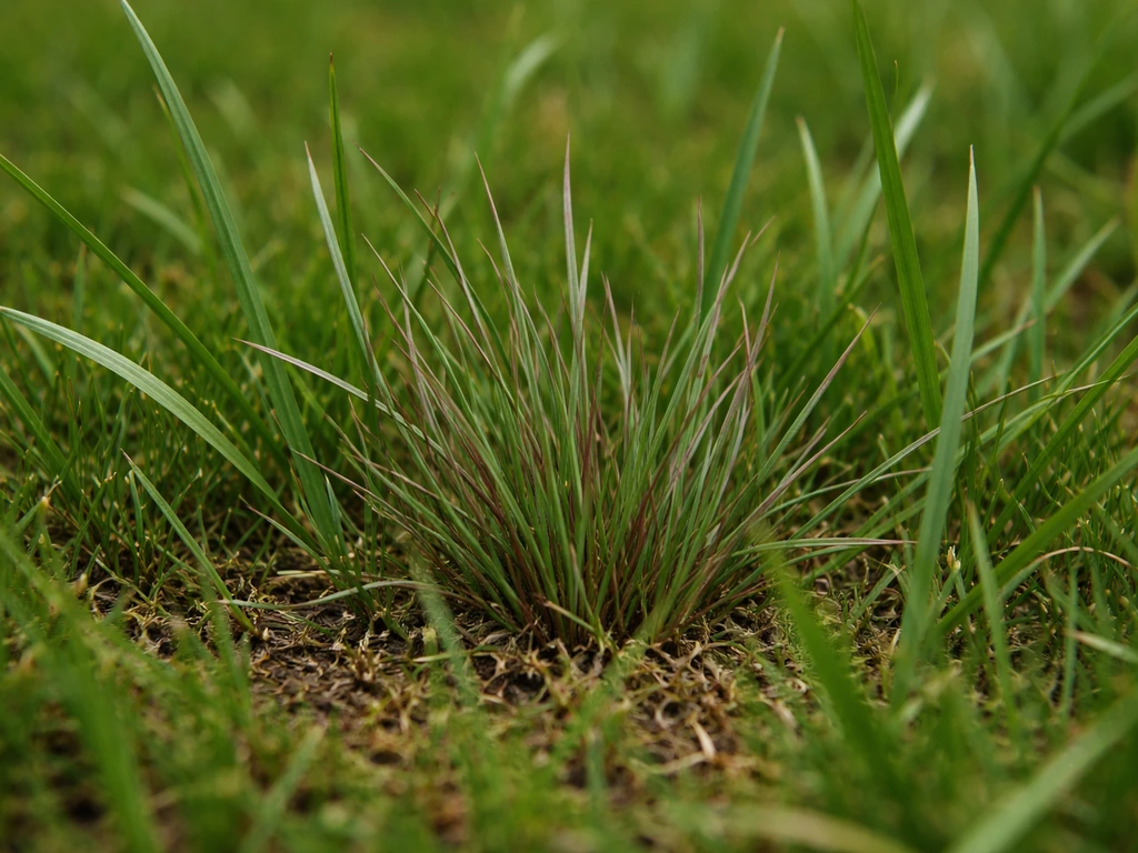 Close-up van roodzwenkgras met naaldachtige blaadjes naast bredere grassprieten in een gazon, duidelijk verschil