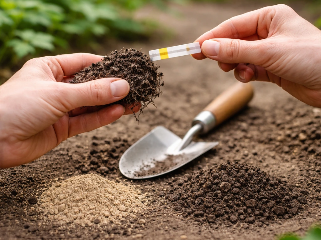 Hand met bodemmonster en pH-teststrip op een tuinschep, met onscherpe zand- en kleigrondachtergrond