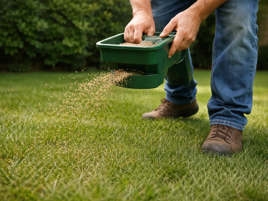 Handstrooier die mestkorrels gelijkmatig op roodzwenkgras uitstrooit in een tuin, augustuslicht.