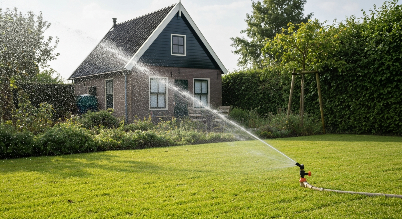 Vroeg-ochtend fotorealistische opname van een vers gemaaid Nederlands gazon met draaiende sprinkler en dauw op het gras