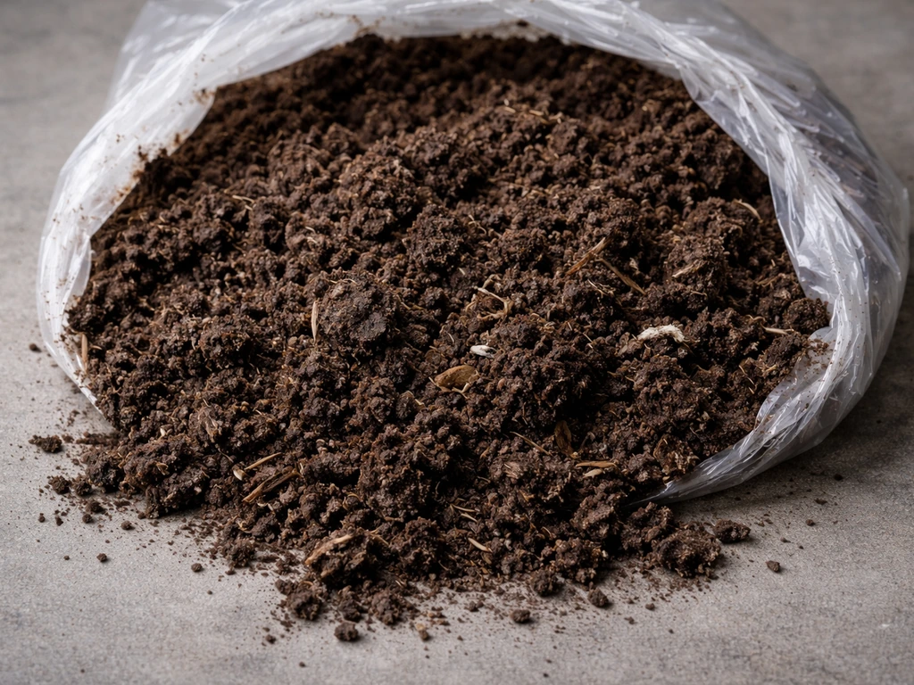 Donker, kruimelig champignonsubstraat (uitgeputte champignoncompost) uit een open zak