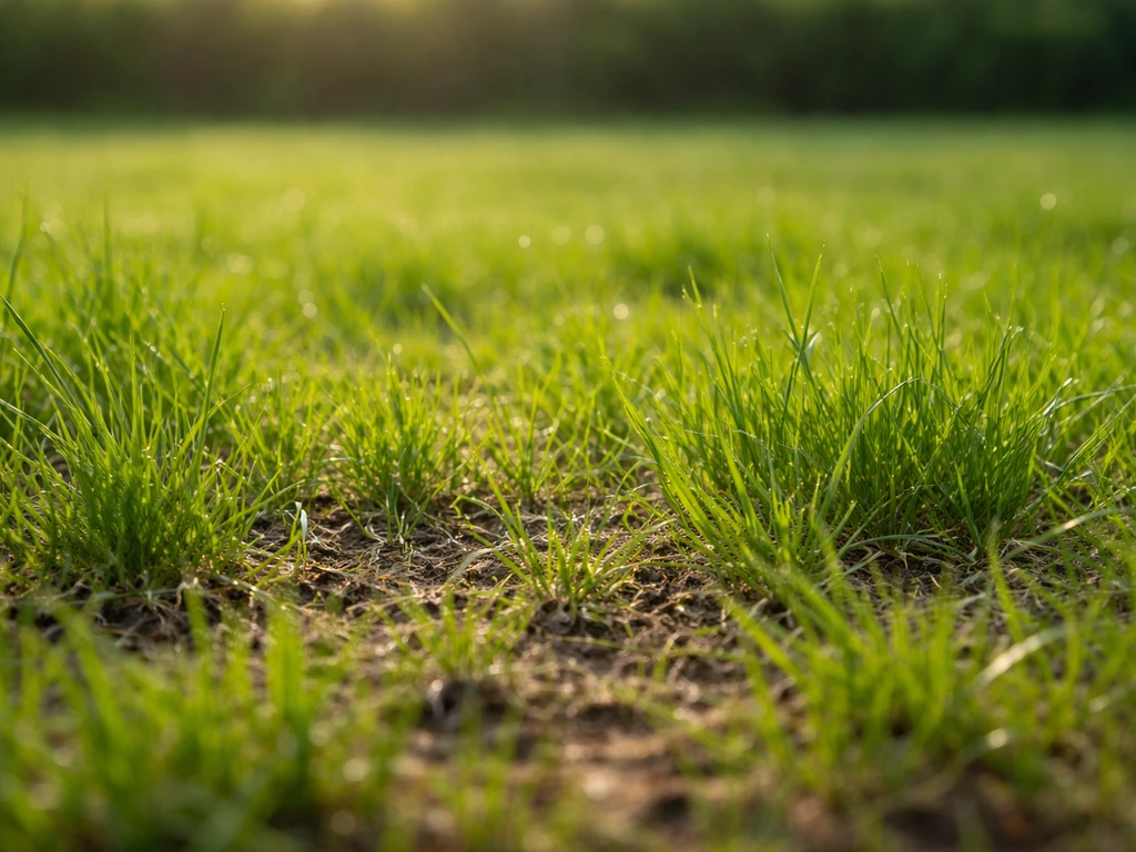 Vroegvoorjaarsgazon met frisgroene sprieten en zachte zon, aarde die zichtbaar licht opwarmt