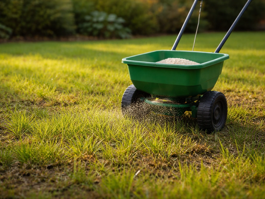 Lichtgroen herstellend gazon met een eenvoudige handmatige uitrijd-applicator, vroeg in de nazomer