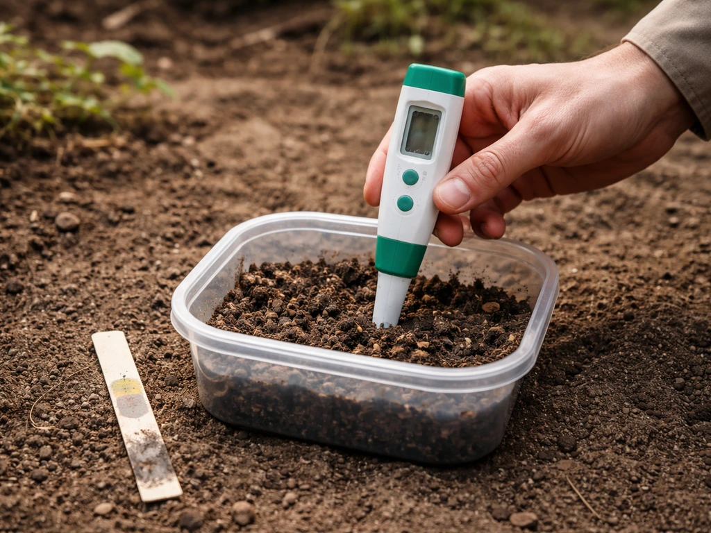Hand die een draagbare pH-meter en bodemteststrook naast een bodemmonster vasthoudt in het open veld.