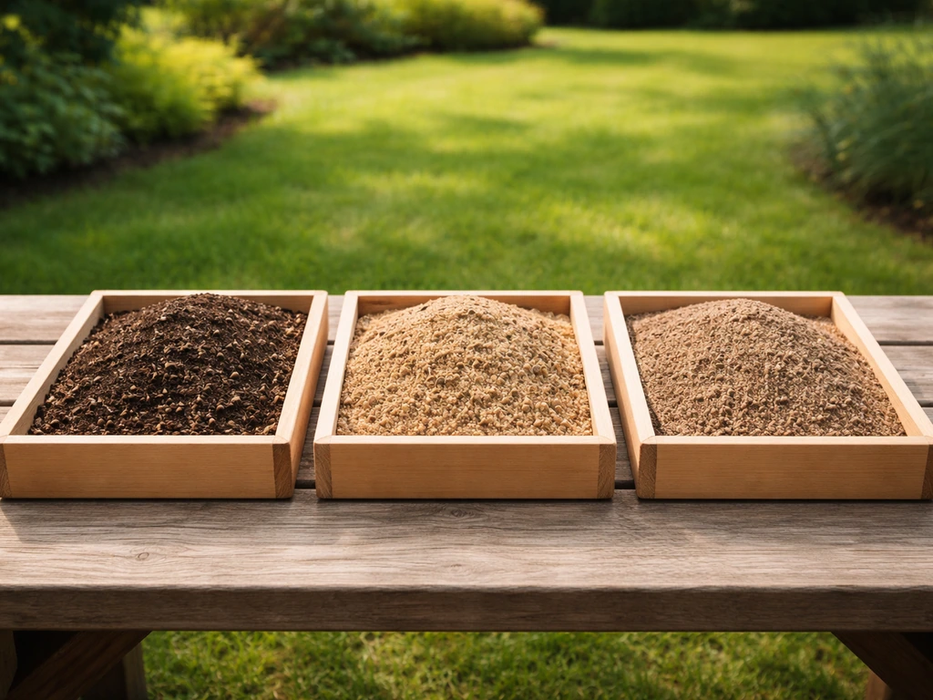 Drie bakjes met gazonaarde voor topdressing, inzaaien en egaliseren, op een houten plank in een tuin