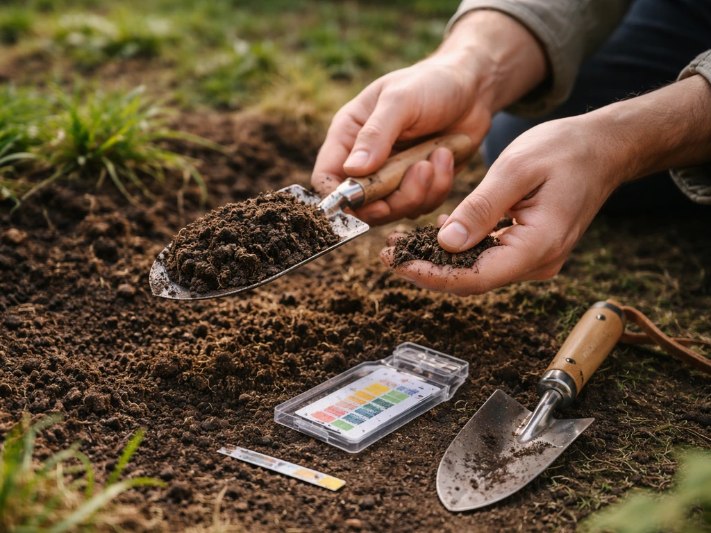 Anonieme handen met kleine grondboor en pH-testkit naast losgemaakte aarde in een tuin.