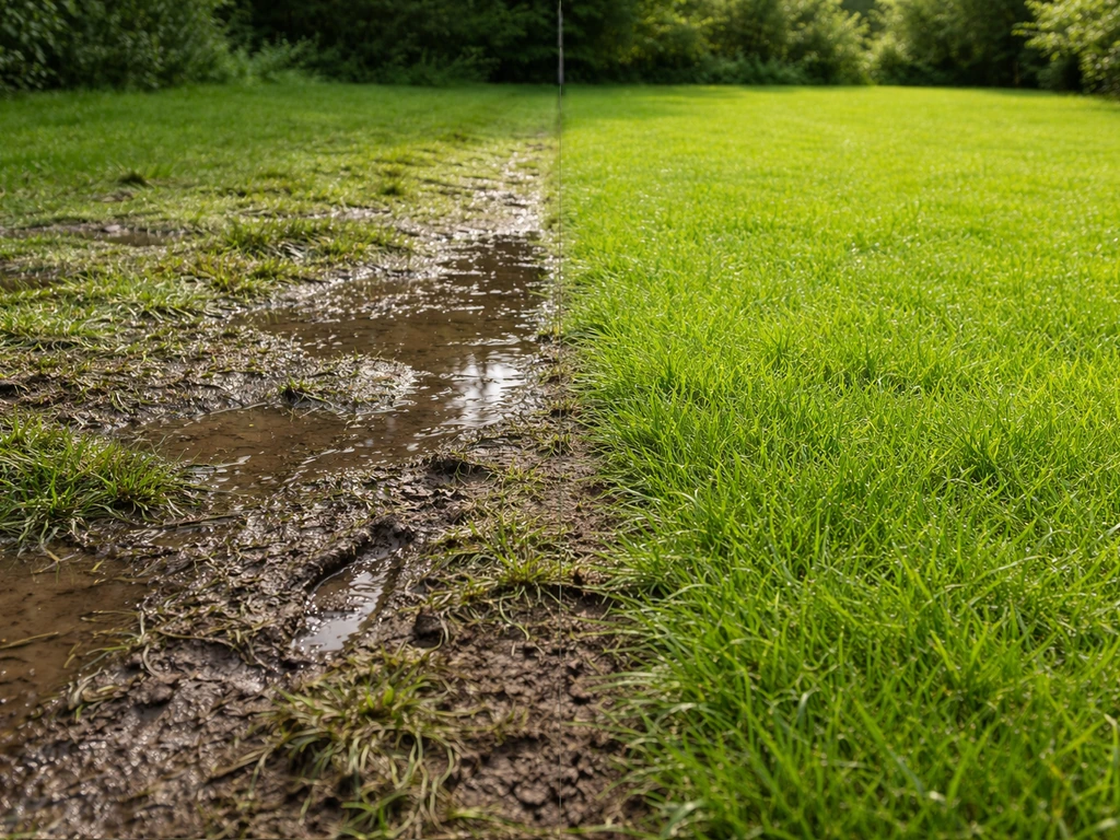 Twee aangrenzende gazonzones: verdichte klei met plassen en een luchtige, drogere zone met kruimelige bodem