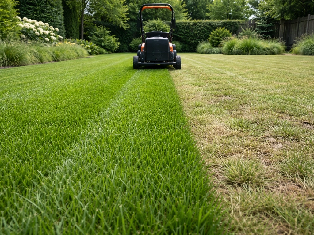 Gasmaaier die goed gemaaid gazon op juiste hoogte snijdt, met daarnaast te laag gemaaid, schraal gras.