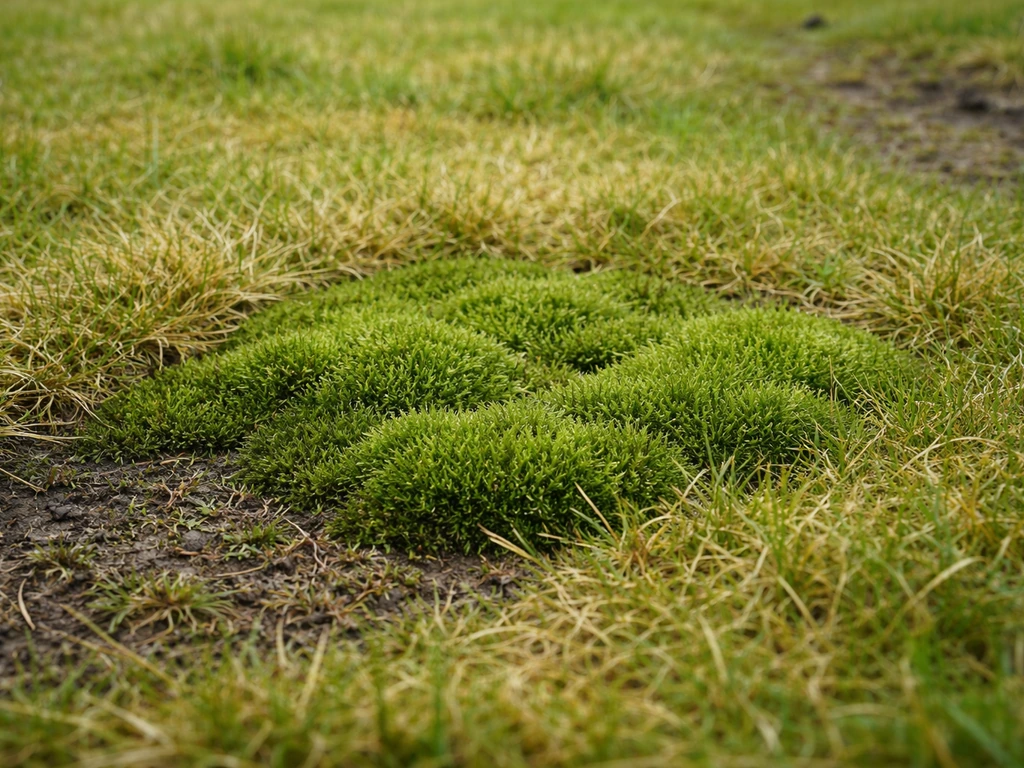 Close-up van mos in een gazon met omliggend dun en gelig gras en een vochtige, viltige bodemrand.