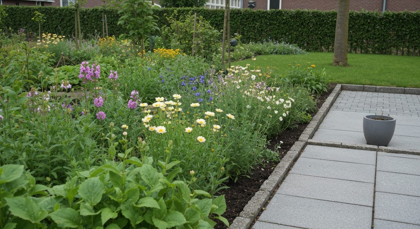 Nederlandse achtertuin zonder mensen: een verzorgd gazon naast een bloemenweide en een klein terras, onder zacht middaglicht.